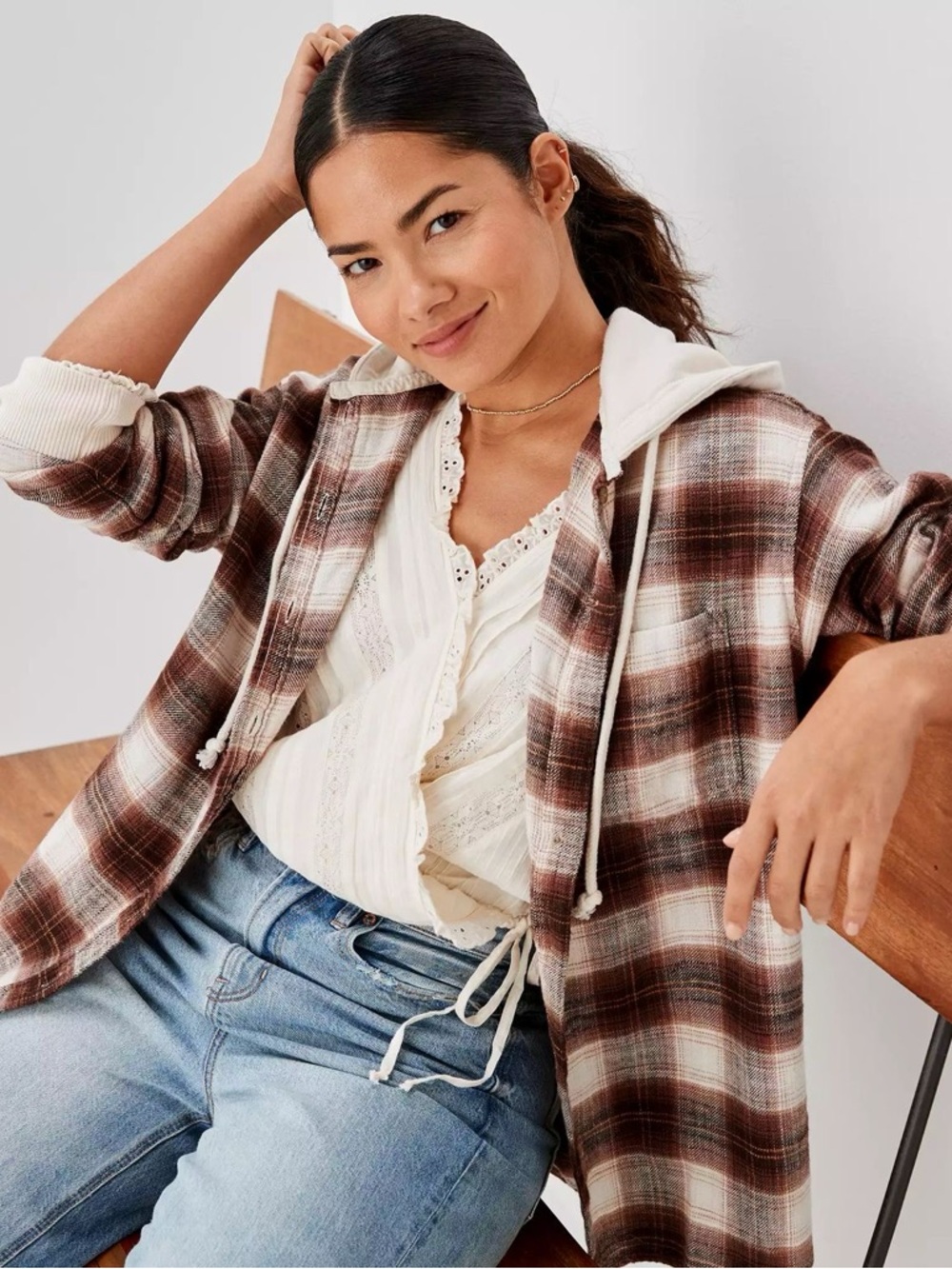 American Eagle Oversized Hoodie Flannel | Brown & Cream